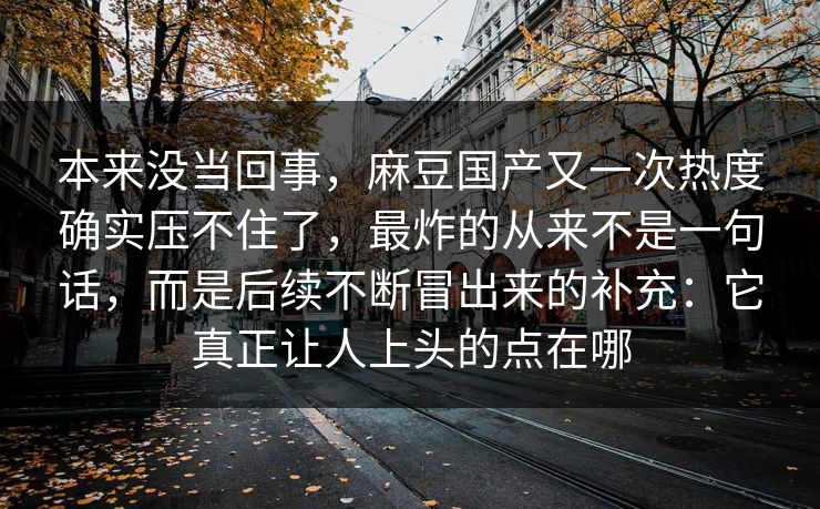 本来没当回事，麻豆国产又一次热度确实压不住了，最炸的从来不是一句话，而是后续不断冒出来的补充：它真正让人上头的点在哪